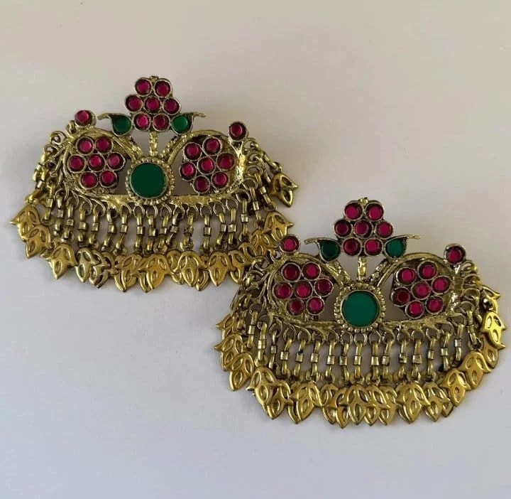 Antique Gold-Toned Ruby & Emerald Earring Tops