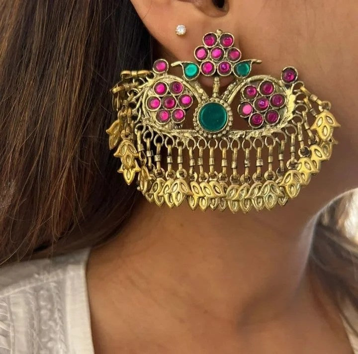 Antique Gold-Toned Ruby & Emerald Earring Tops