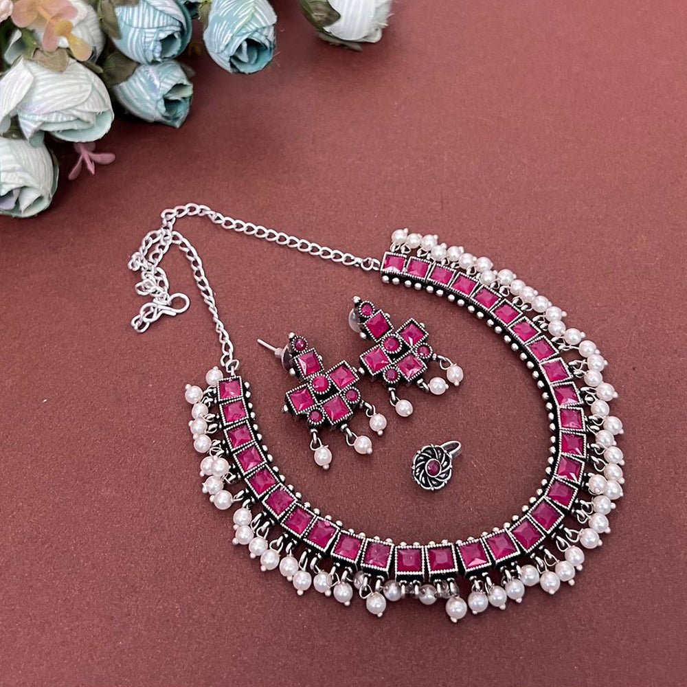 Pastel Pop Oxidized Silver Choker Set with Pearl Drops