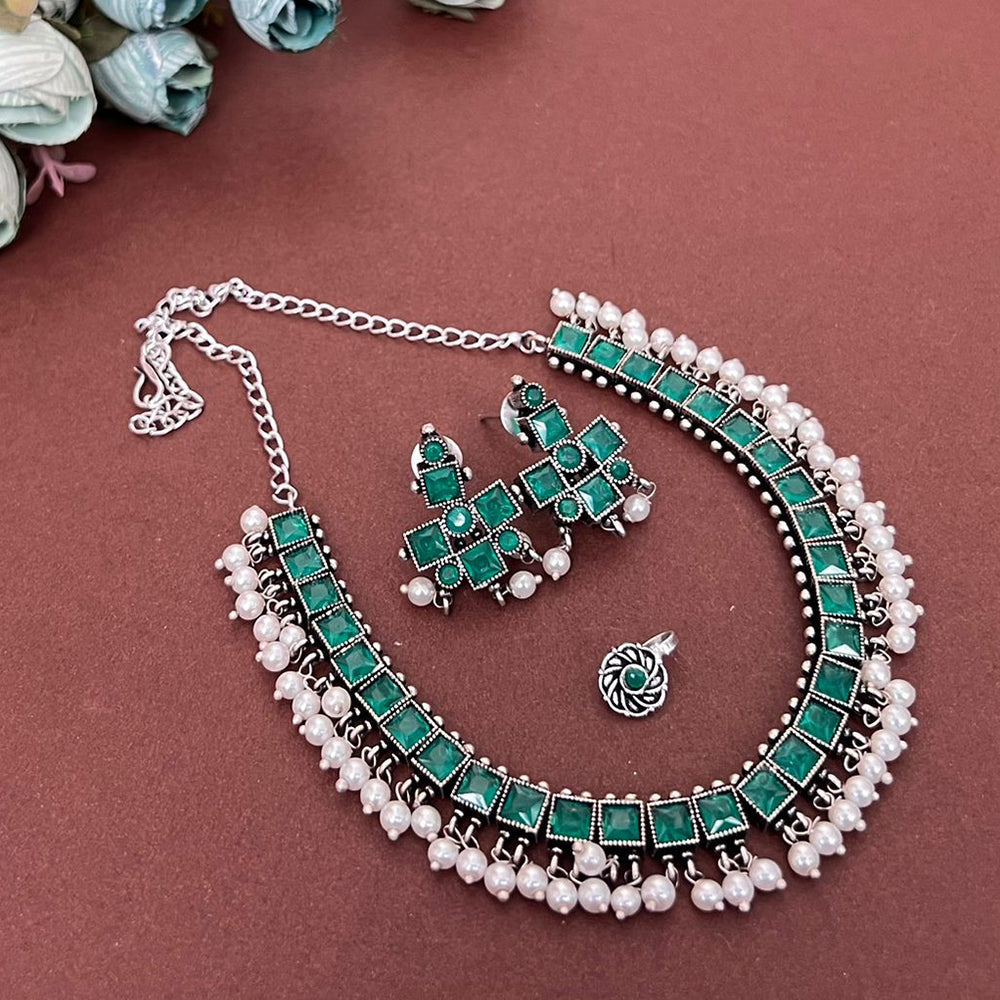 Pastel Pop Oxidized Silver Choker Set with Pearl Drops