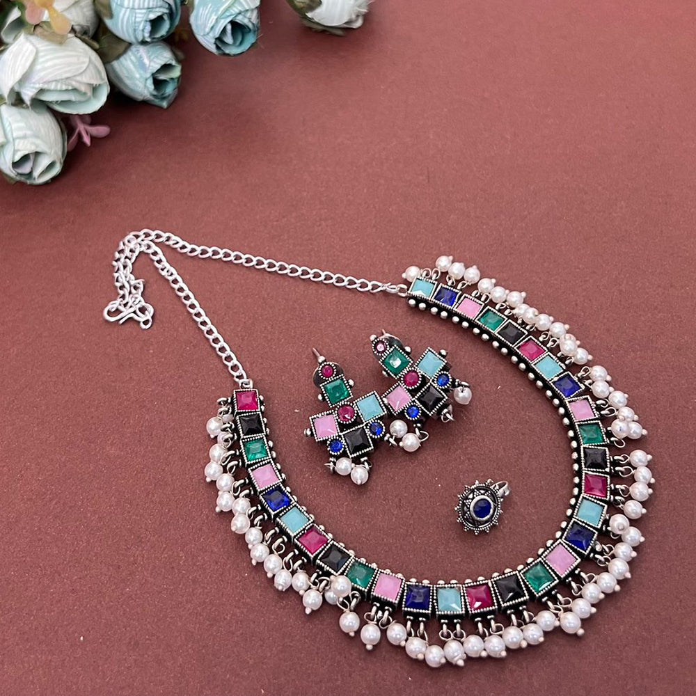 Pastel Pop Oxidized Silver Choker Set with Pearl Drops