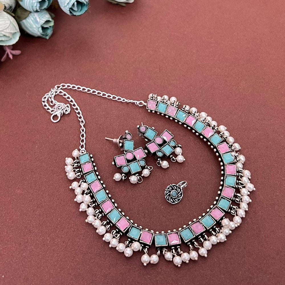 Pastel Pop Oxidized Silver Choker Set with Pearl Drops