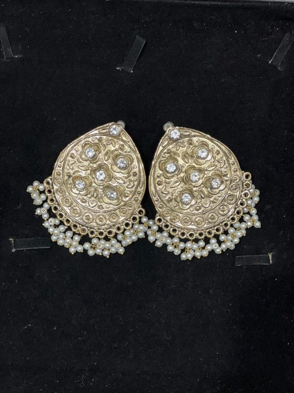 Antique Gold Pearl Drop Earrings | Traditional Kundan Studs
