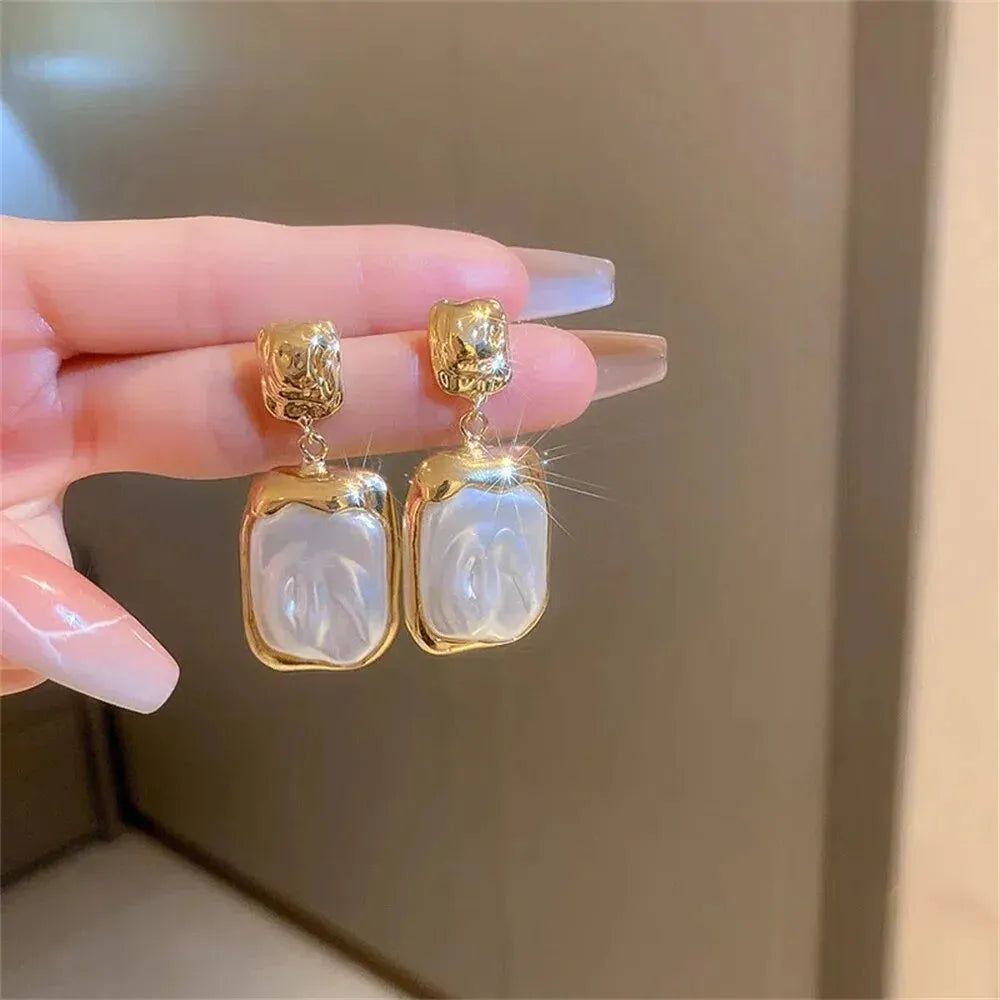 Modern Irregular Gold and Faux Baroque Pearl Drop Earrings