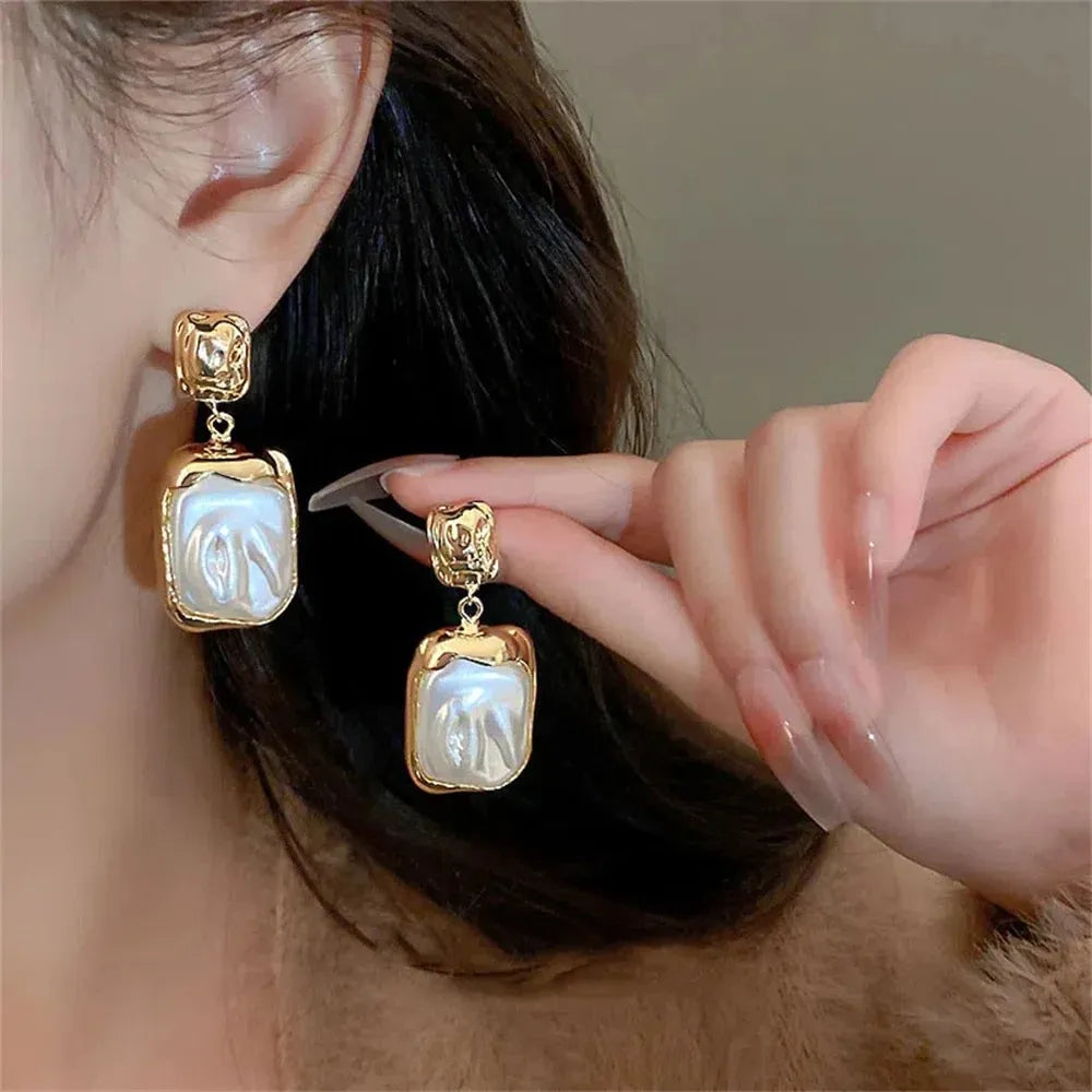 Modern Irregular Gold and Faux Baroque Pearl Drop Earrings