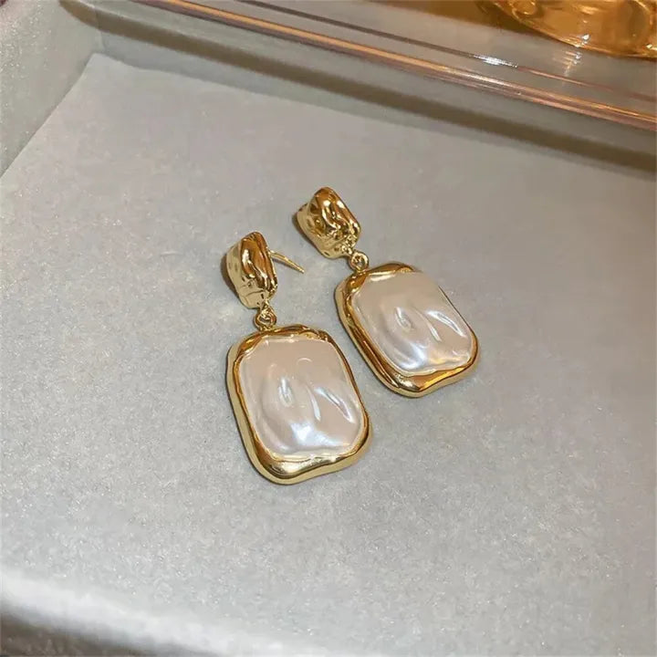 Modern Irregular Gold and Faux Baroque Pearl Drop Earrings