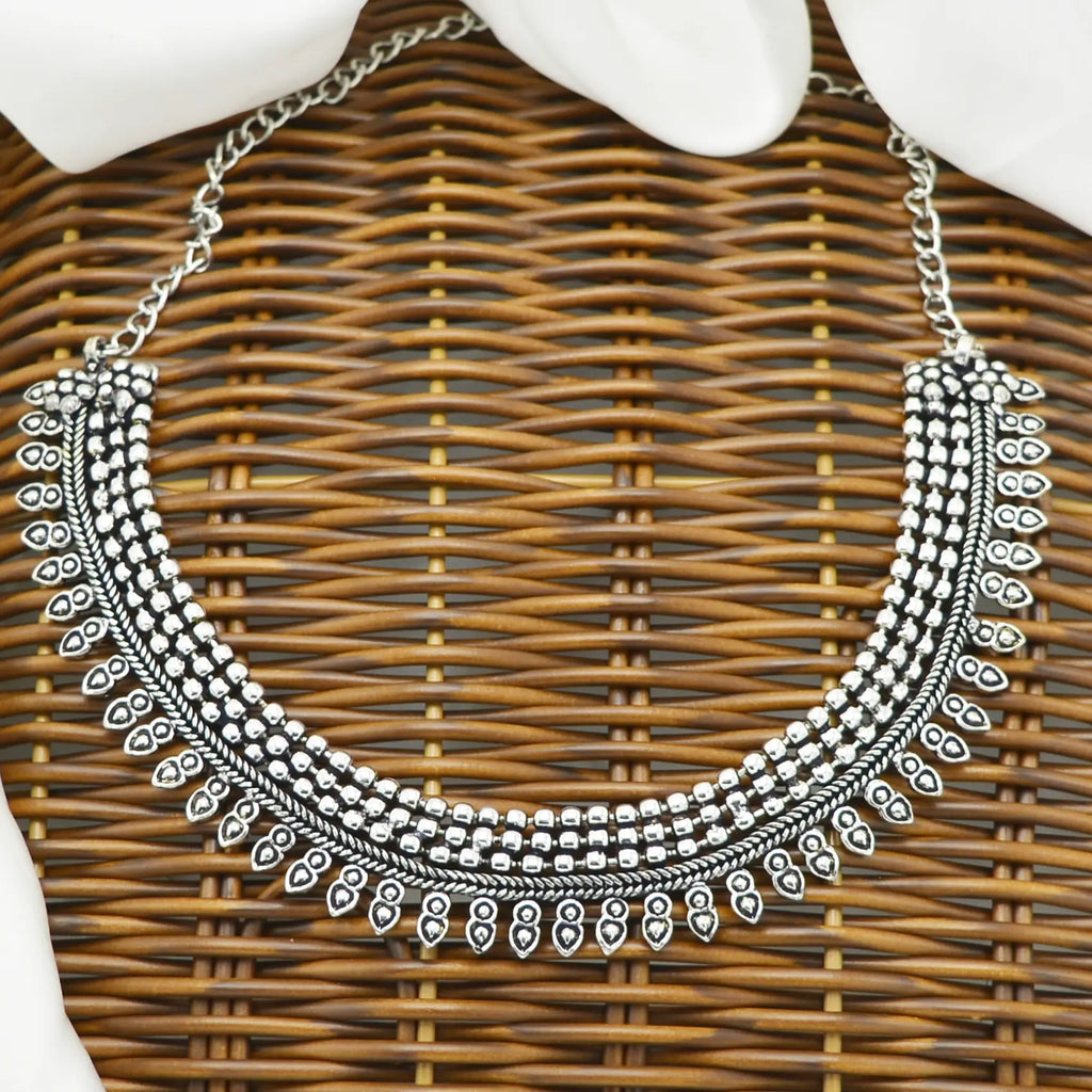 Classic Oxidized Silver Tribal Bead Choker Necklace