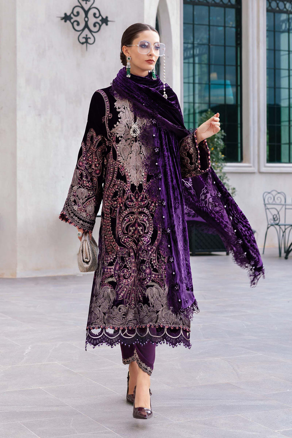 3 Piece Unstitched Embroidered Velvet Suit WL-1311-Purple