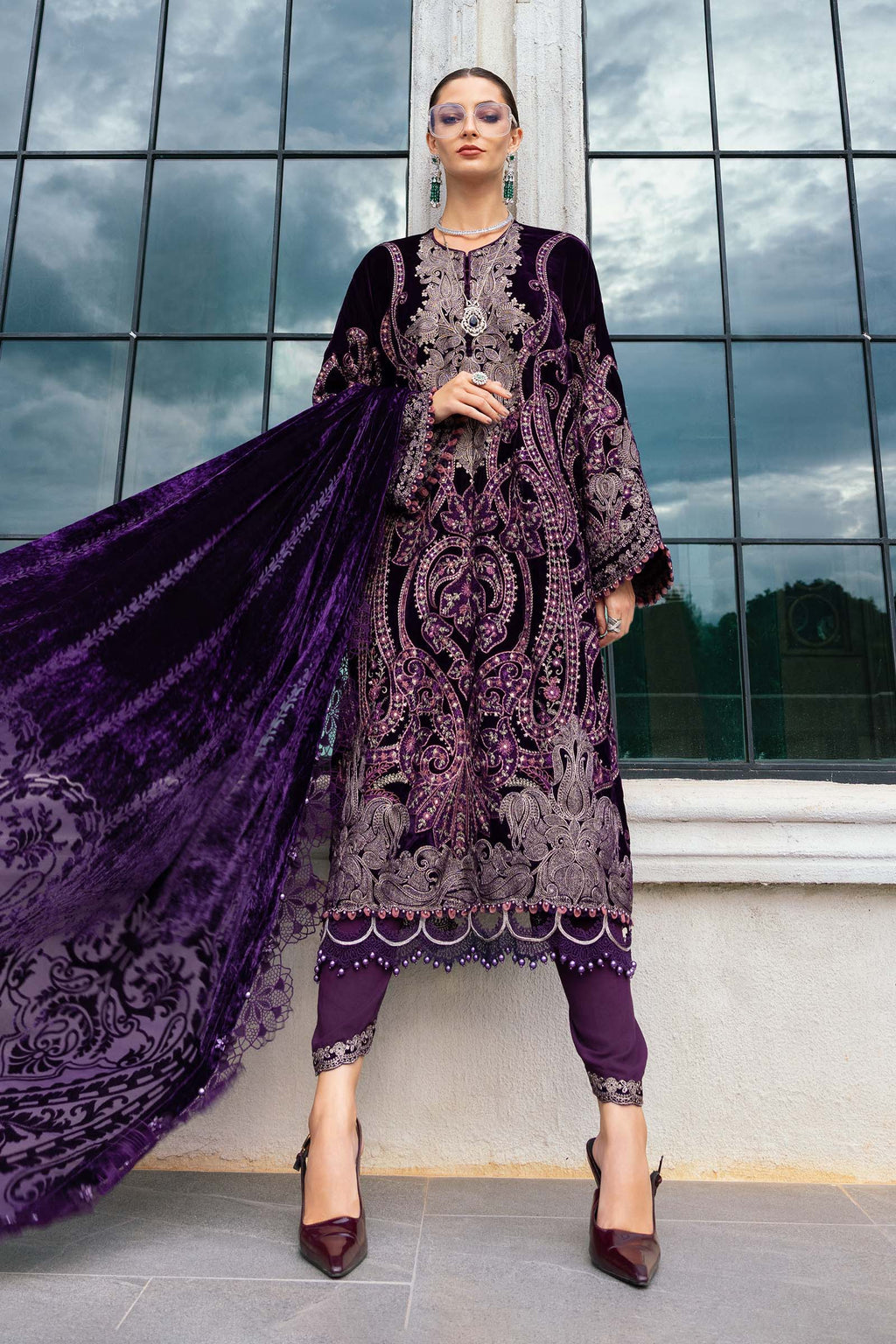 3 Piece Unstitched Embroidered Velvet Suit WL-1311-Purple