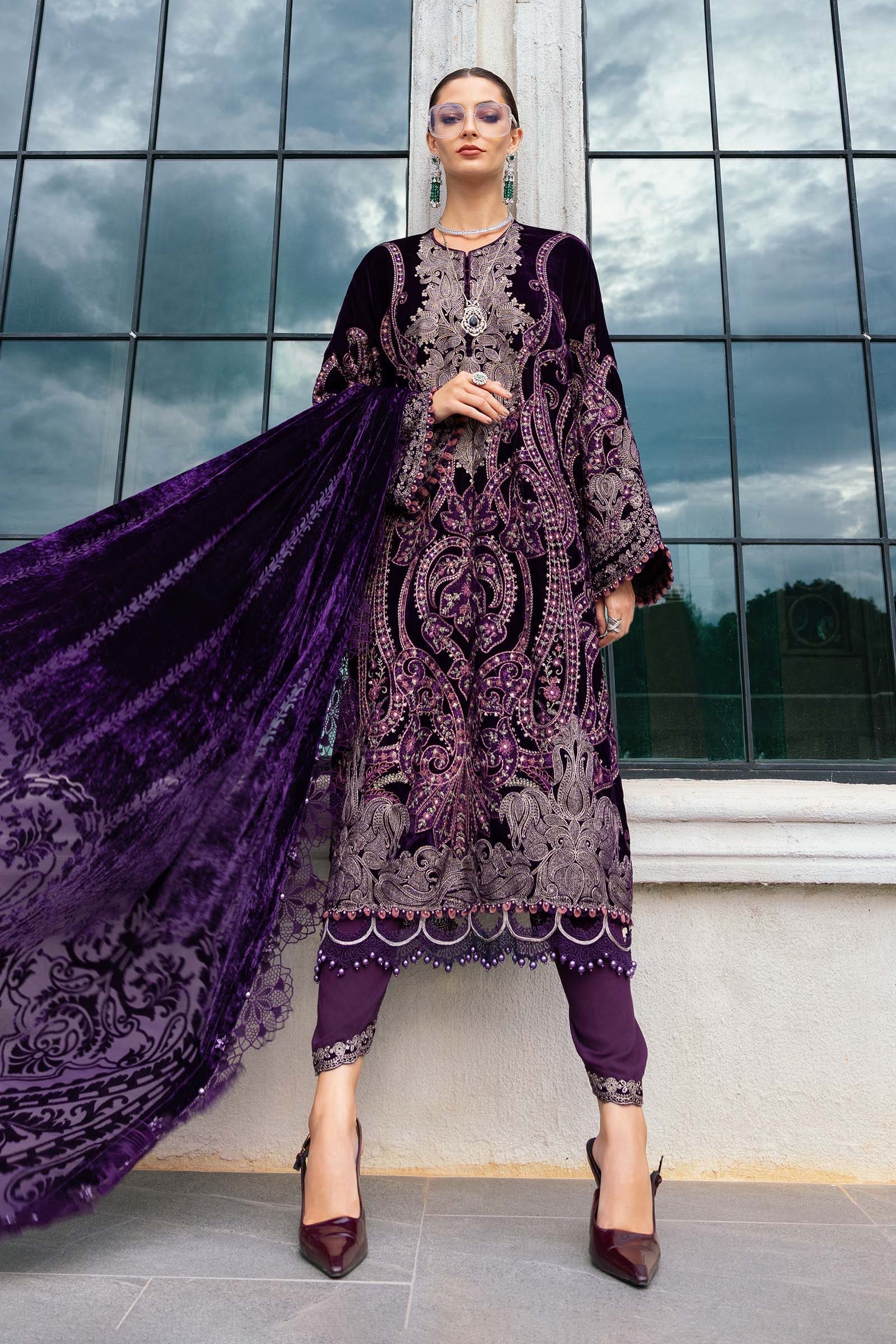 3 Piece Unstitched Embroidered Velvet Suit WL-1311-Purple