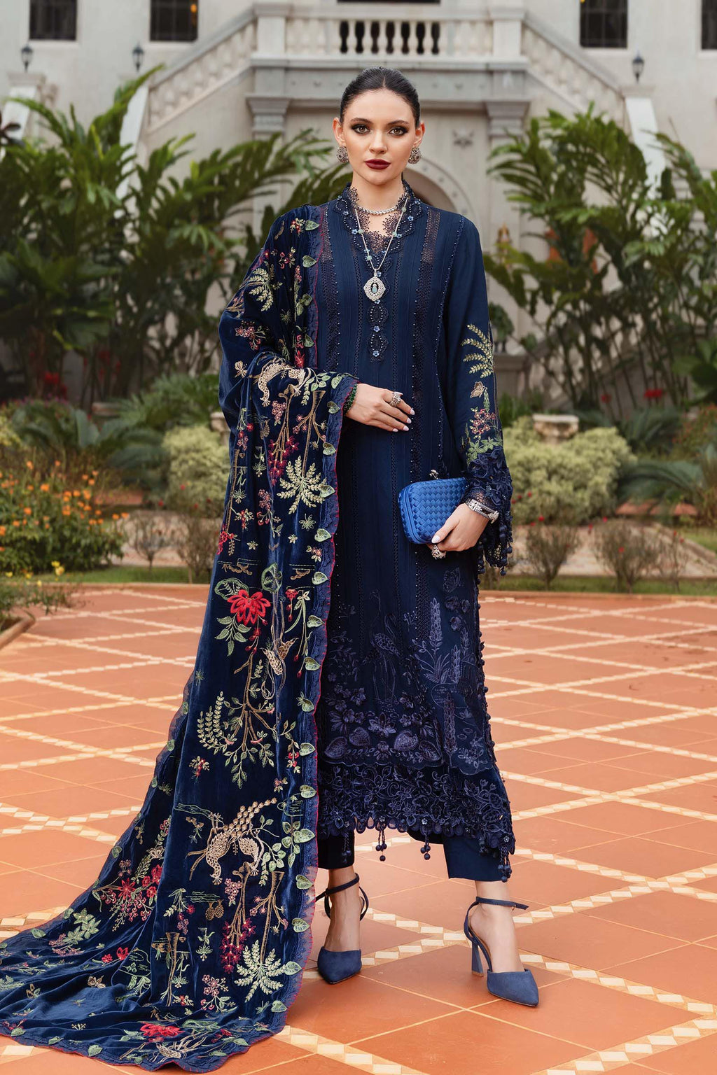 3 Piece Unstitched Embroidered Twill Linen Suit WL-1312-Navy Blue