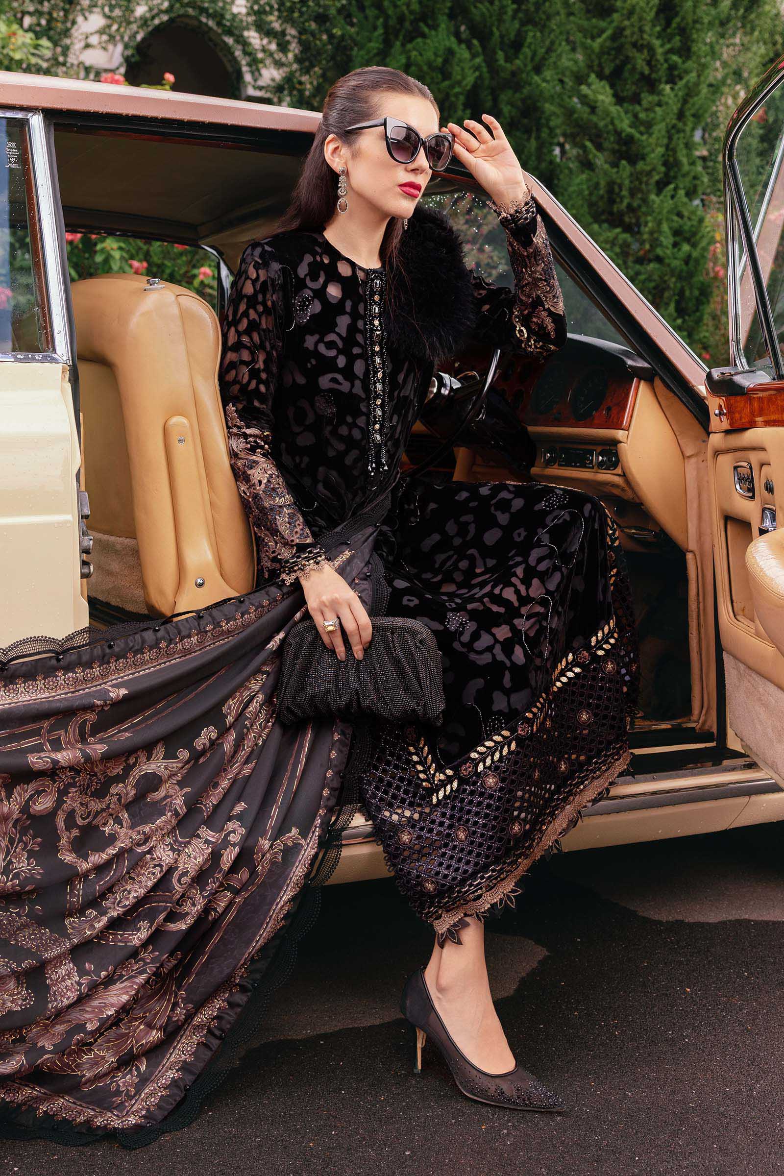 3 Piece Unstitched Embroidered Palachi Suit WL-1301-Black and Gold