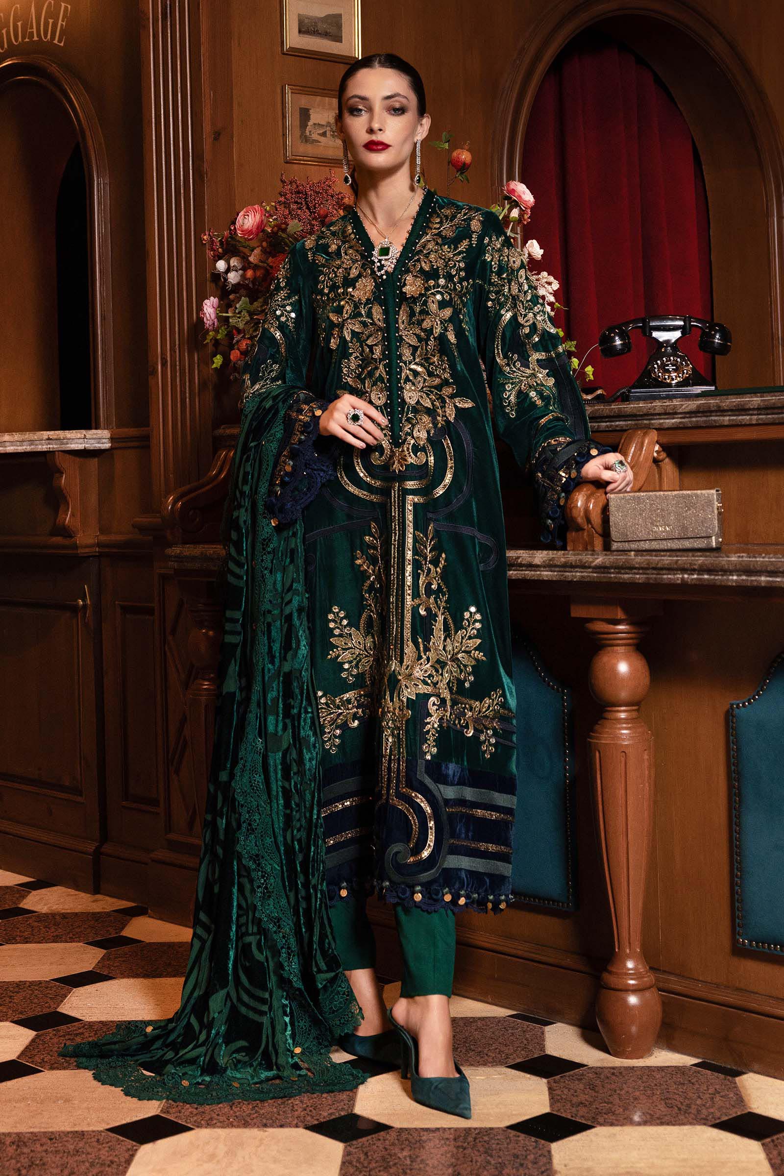 3 Piece Unstitched Embroidered Velvet Suit WL-1302-Emerald Green