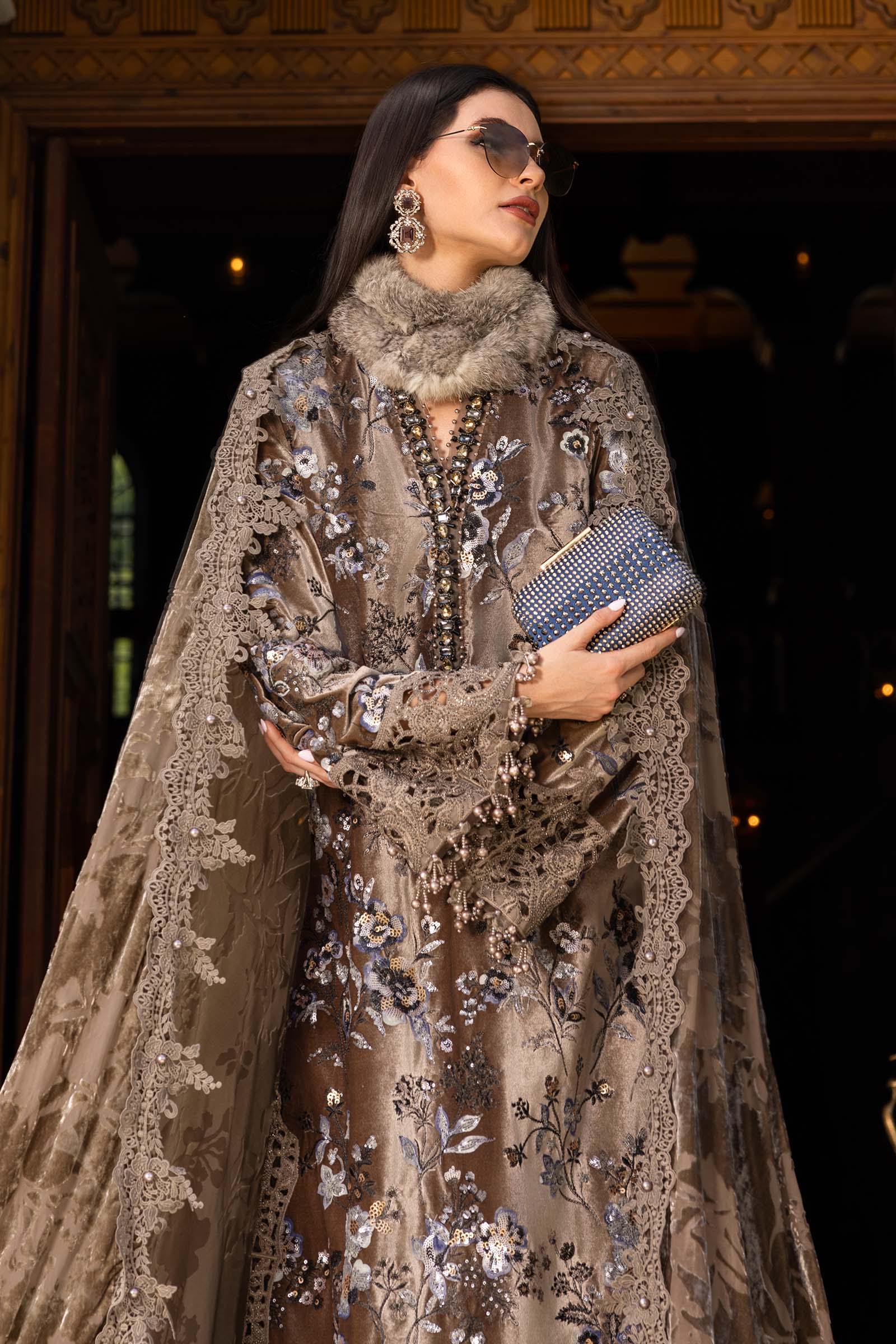 3 Piece Unstitched Embroidered Velvet Suit WL-1303-BEIGE