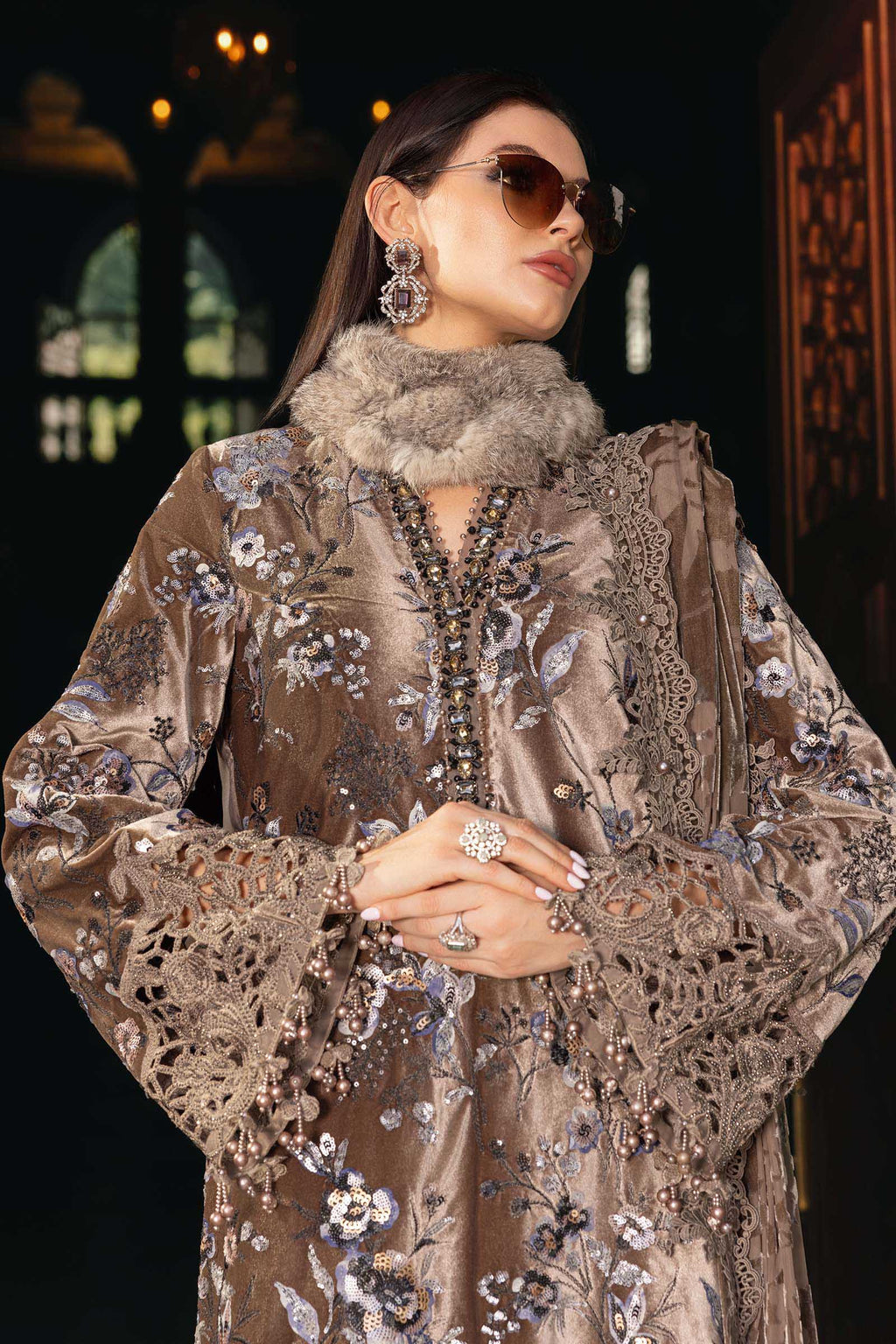 3 Piece Unstitched Embroidered Velvet Suit WL-1303-BEIGE