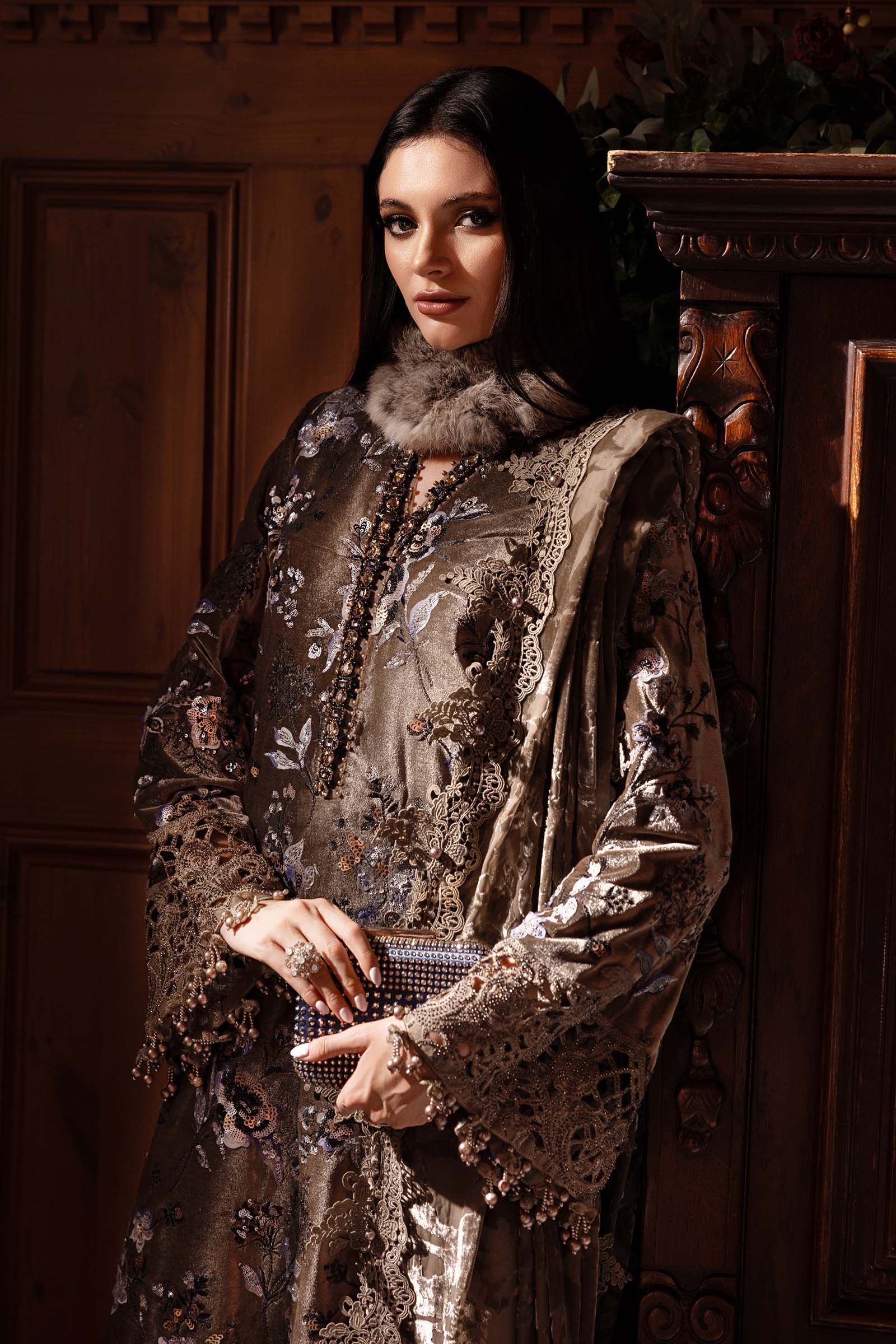3 Piece Unstitched Embroidered Velvet Suit WL-1303-BEIGE