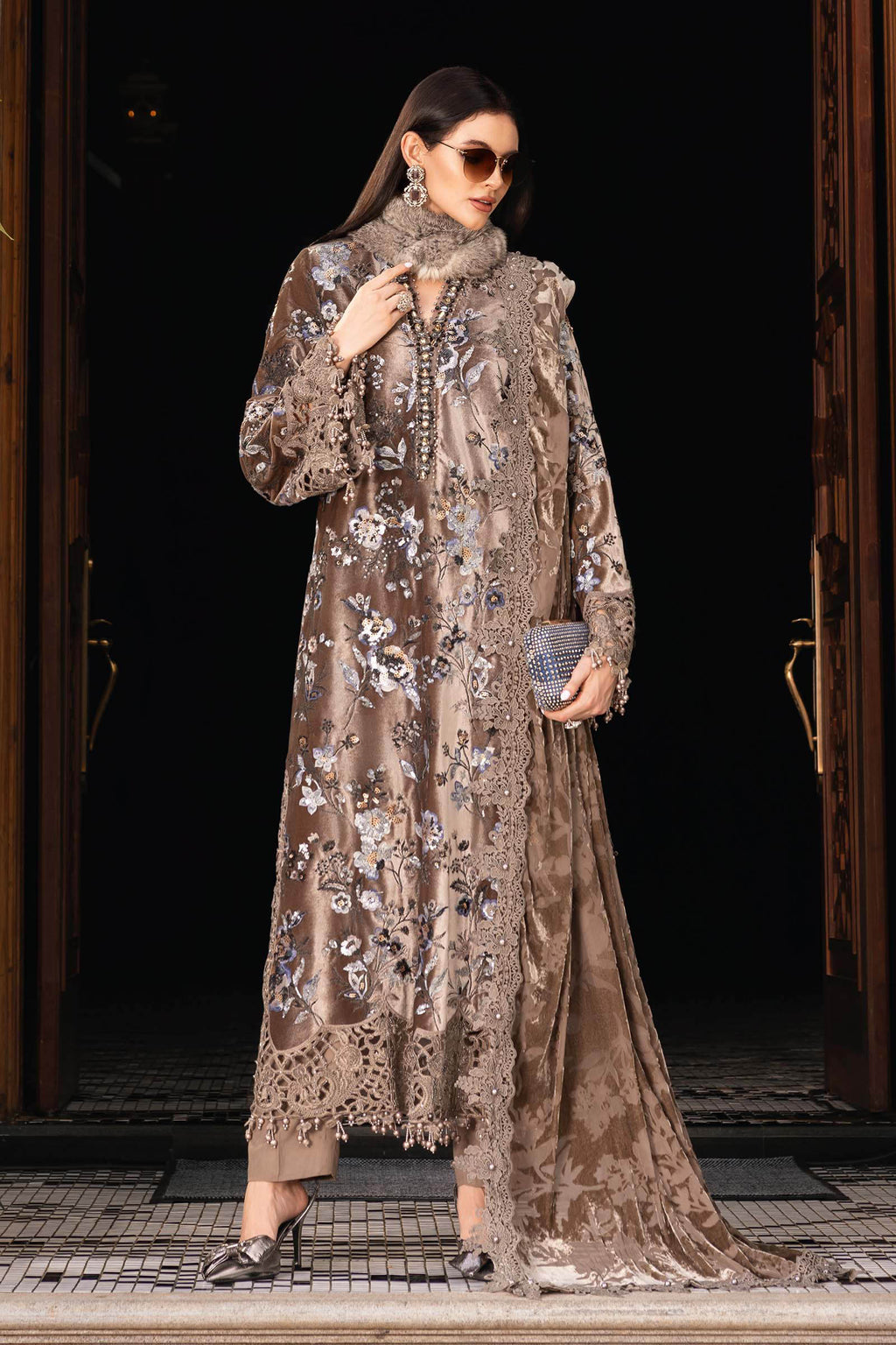 3 Piece Unstitched Embroidered Velvet Suit WL-1303-BEIGE