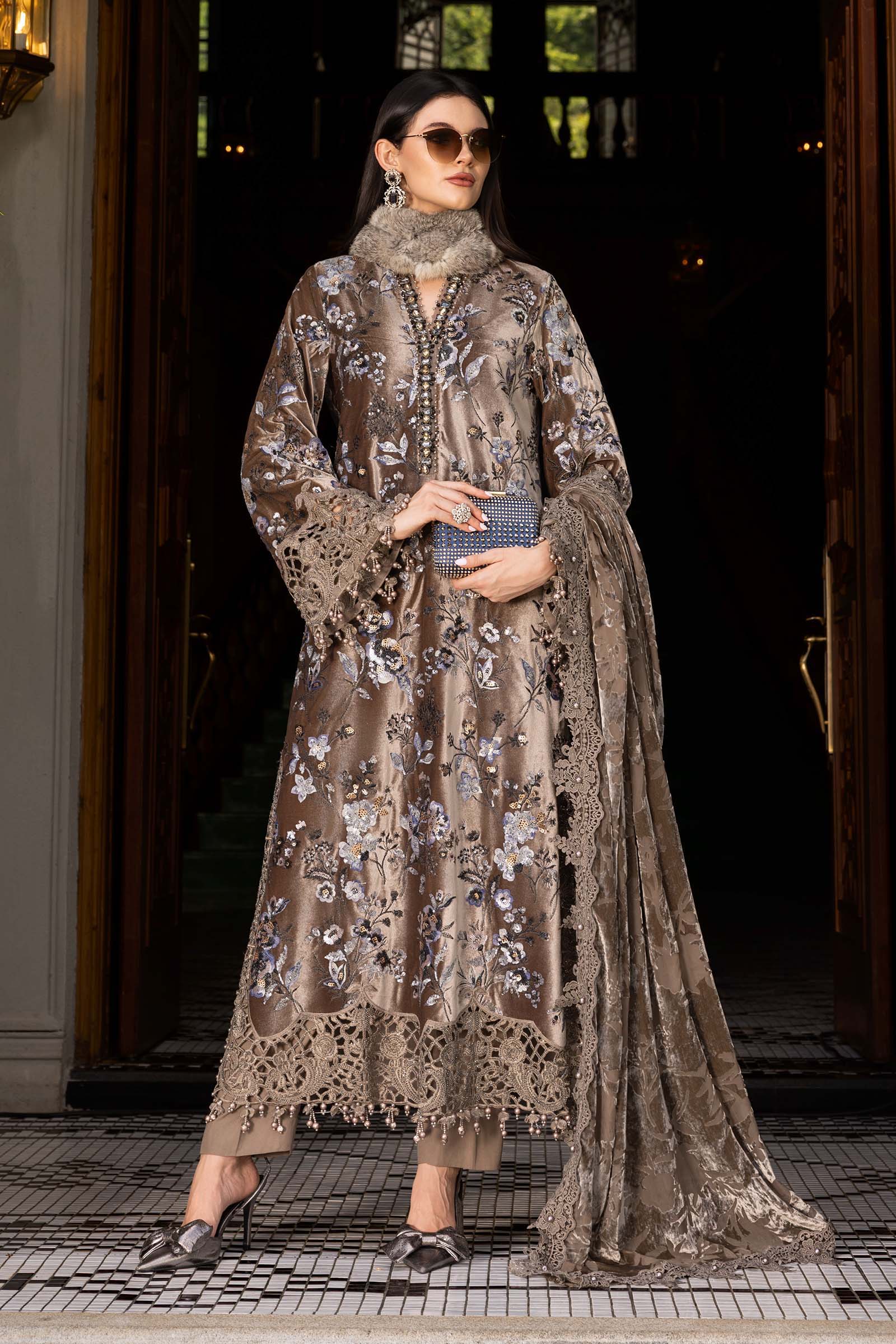 3 Piece Unstitched Embroidered Velvet Suit WL-1303-BEIGE