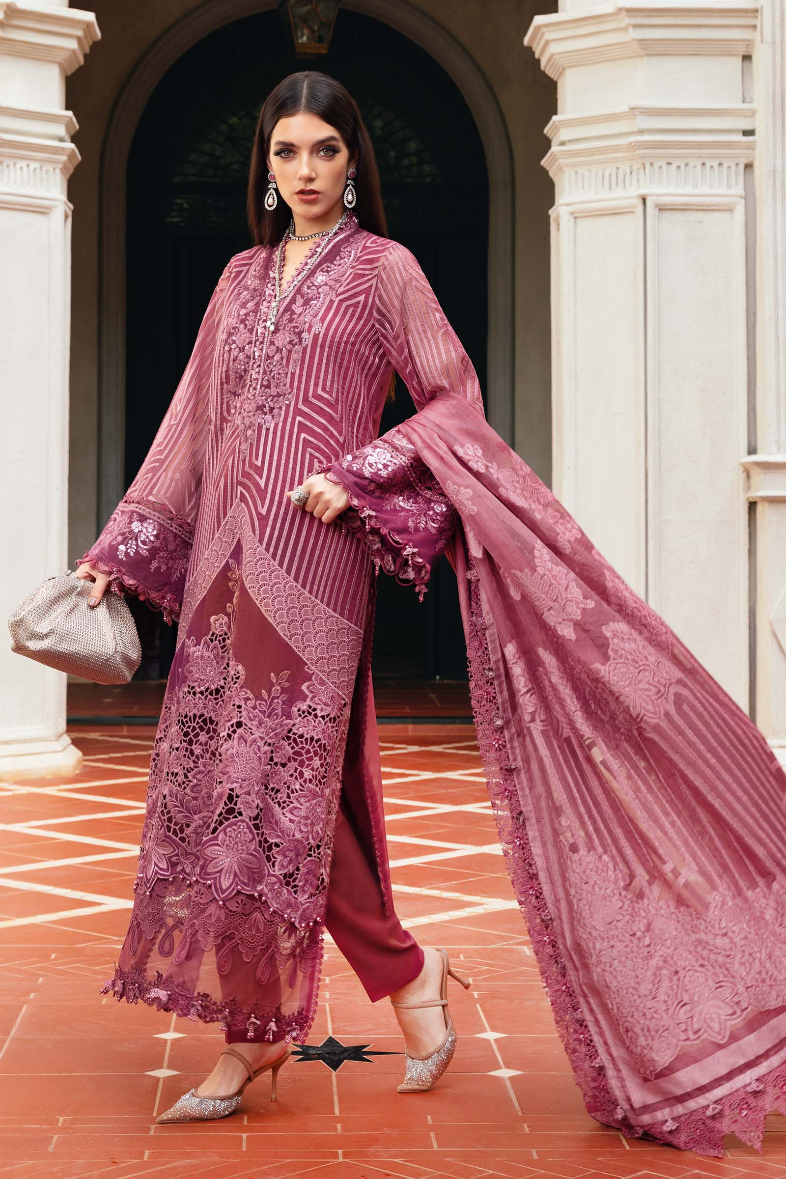 3 Piece Unstitched Embroidered Organza Suit WL-1304-Ash Pink