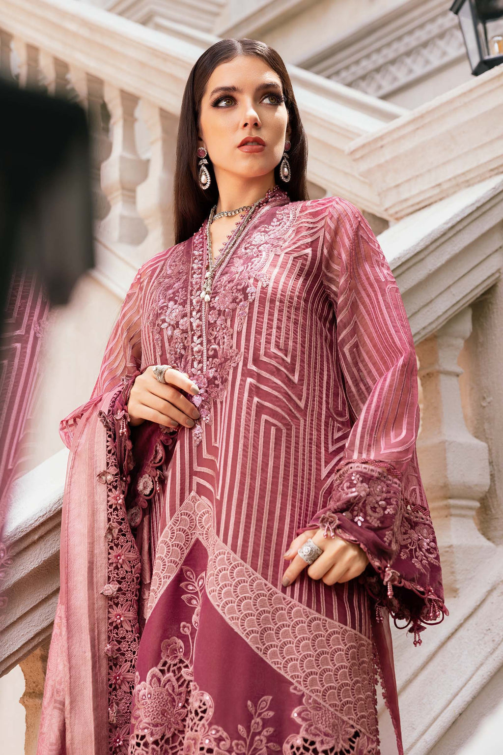 3 Piece Unstitched Embroidered Organza Suit WL-1304-Ash Pink