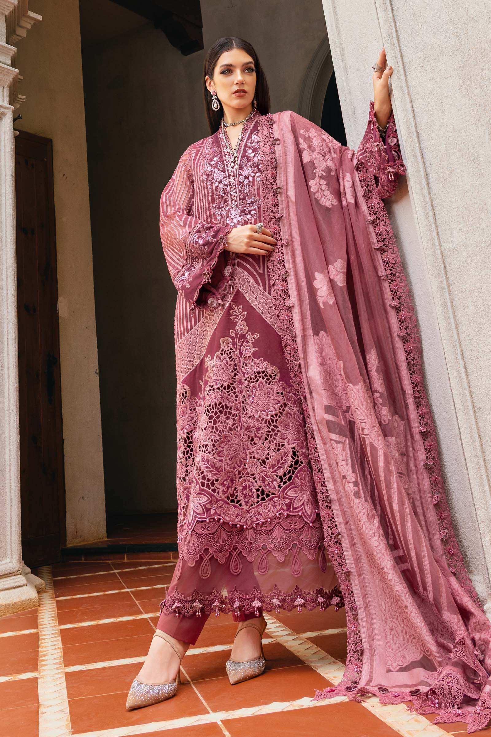 3 Piece Unstitched Embroidered Organza Suit WL-1304-Ash Pink