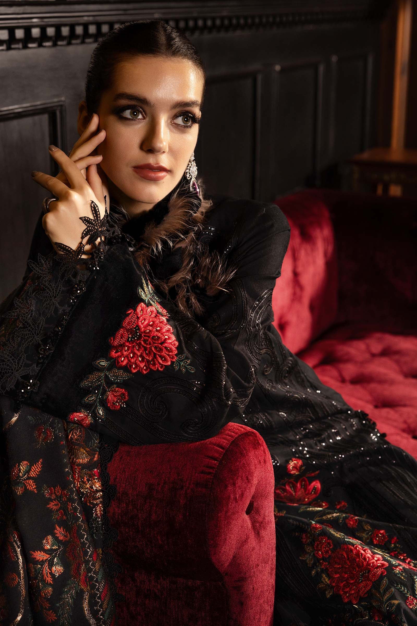 3 Piece Unstitched Embroidered Linen Suit WL-1309-Black and Red