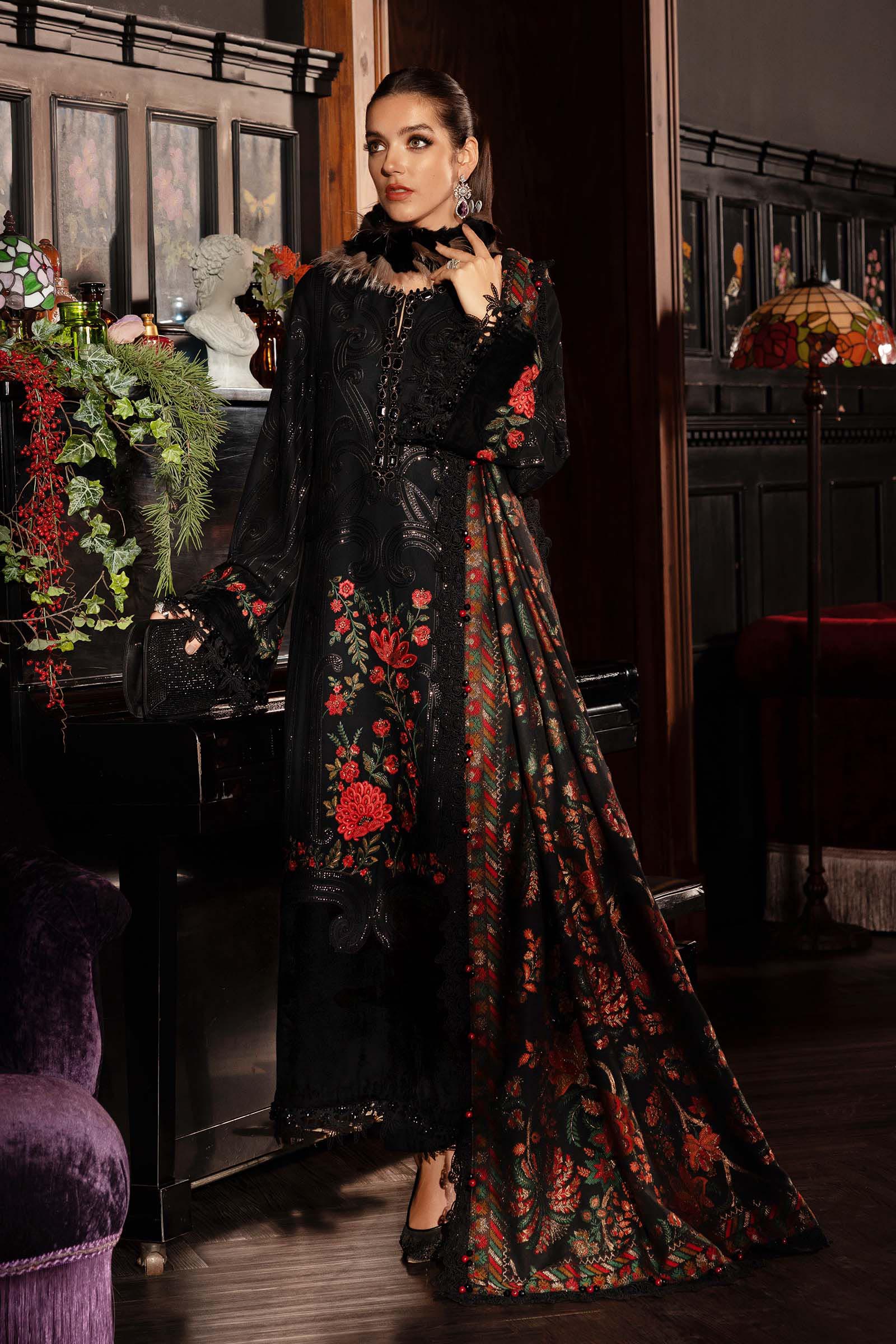 3 Piece Unstitched Embroidered Linen Suit WL-1309-Black and Red