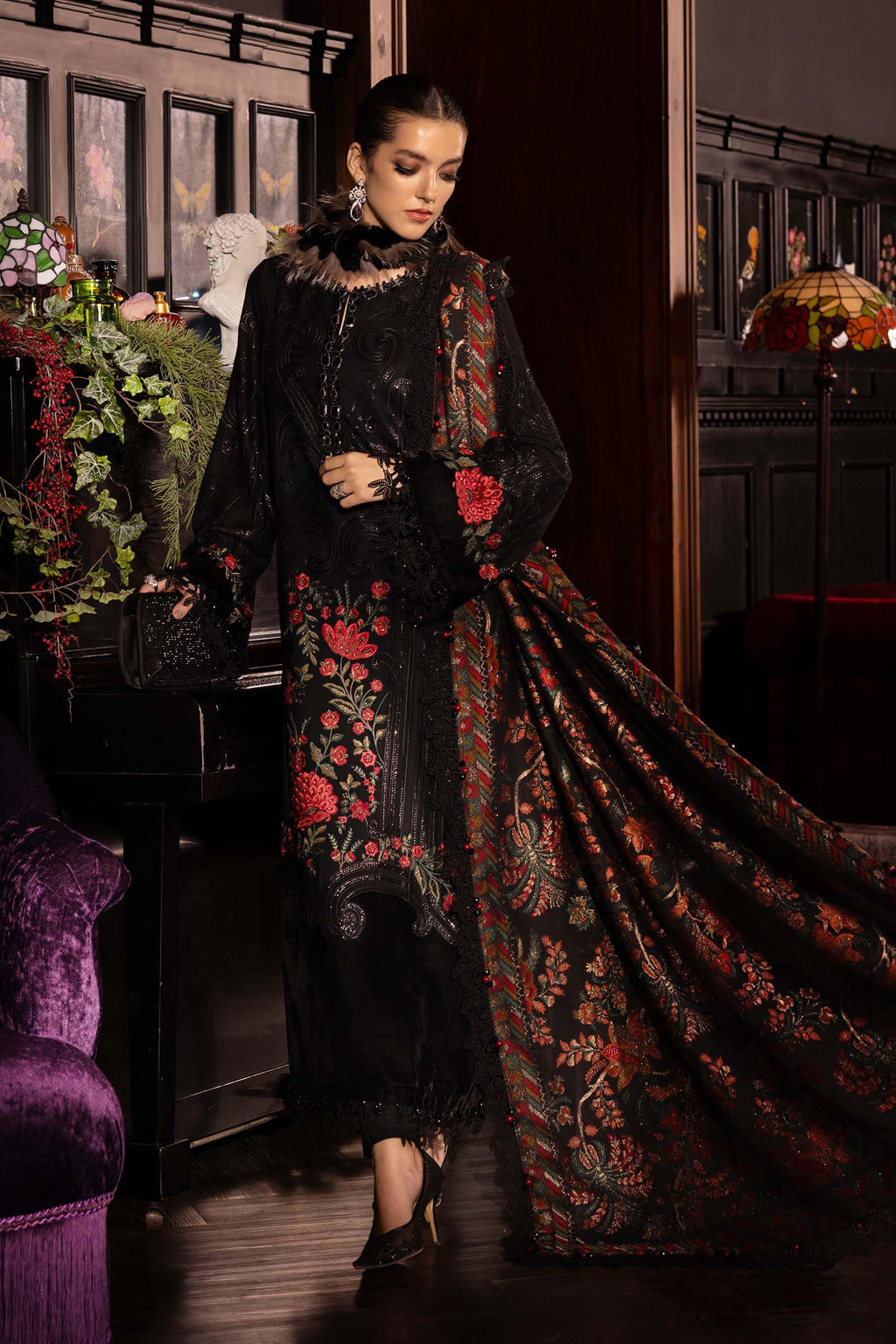 3 Piece Unstitched Embroidered Linen Suit WL-1309-Black and Red