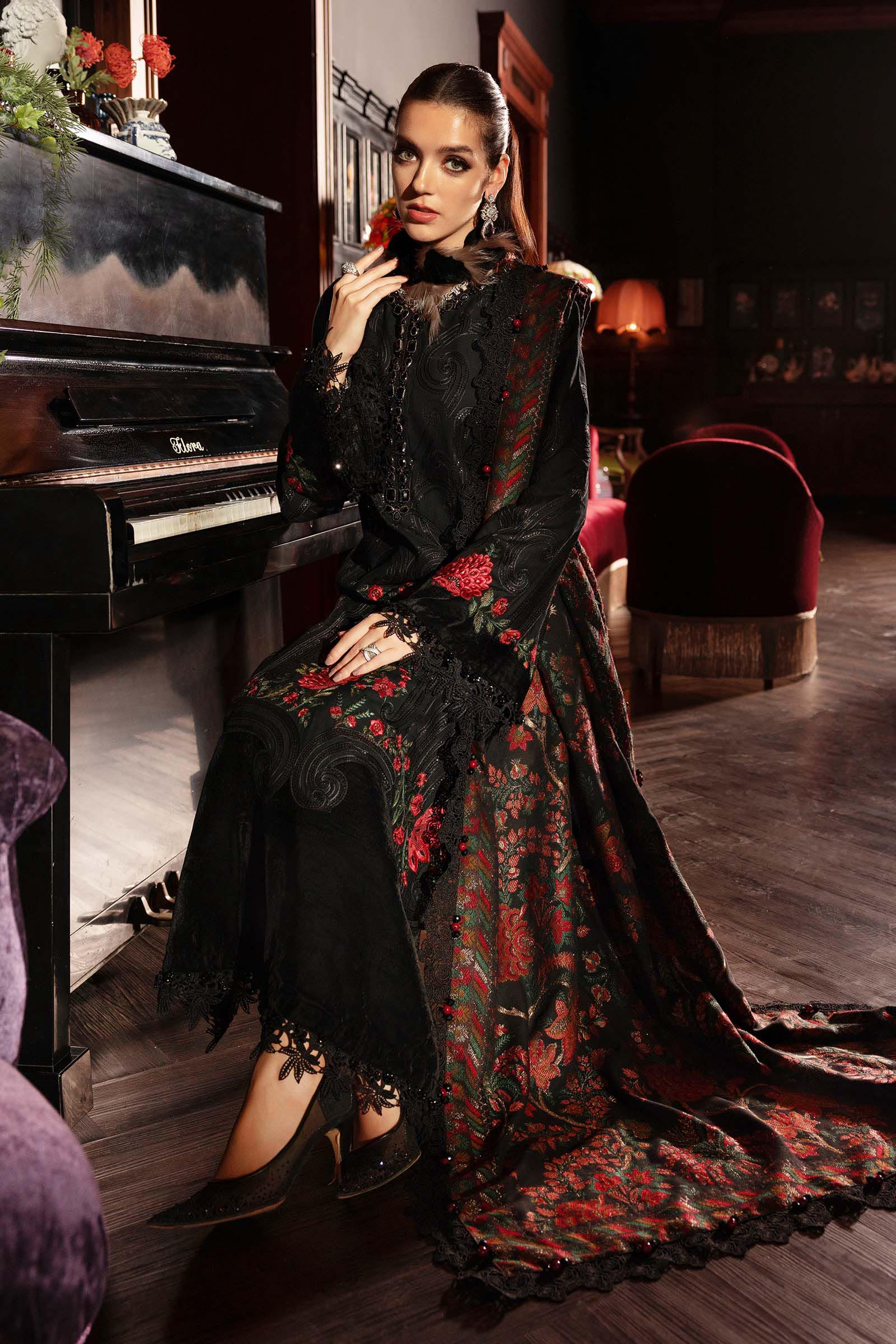 3 Piece Unstitched Embroidered Linen Suit WL-1309-Black and Red