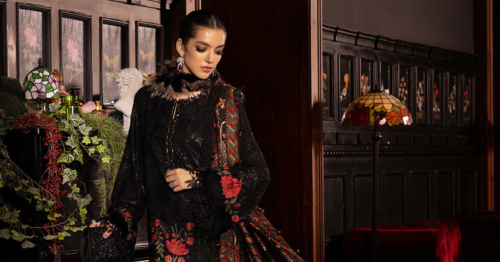 3 Piece Unstitched Embroidered Linen Suit WL-1309-Black and Red