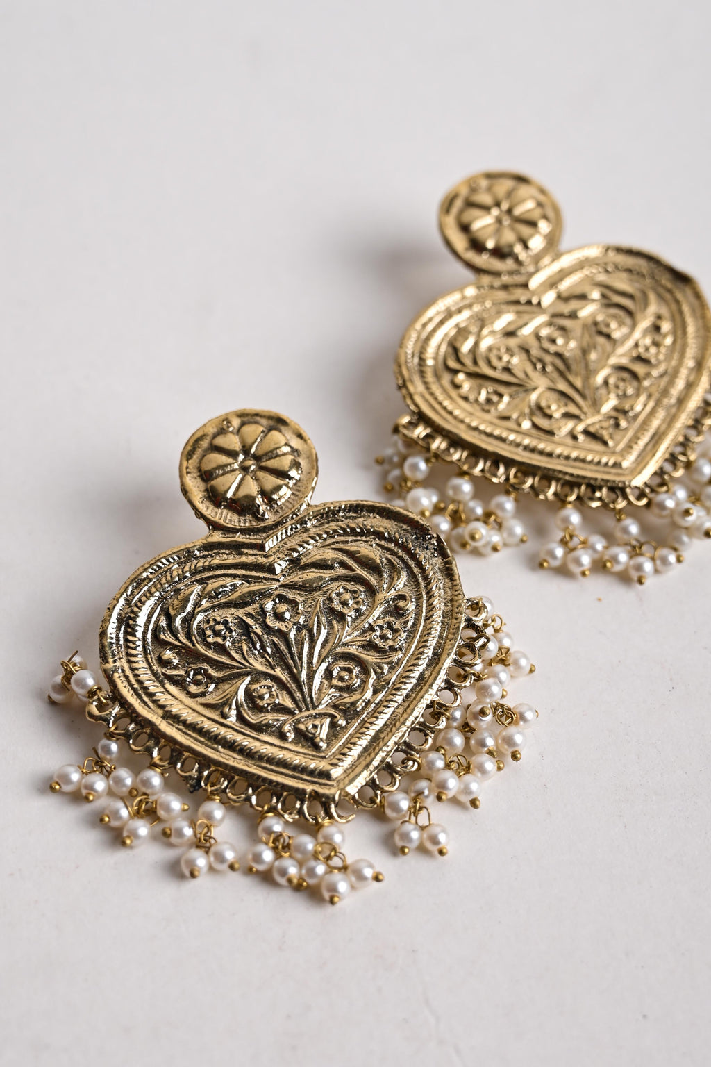 Antique Heart-Shaped Pearl Drop Earrings | Traditional Ethnic Jewelry