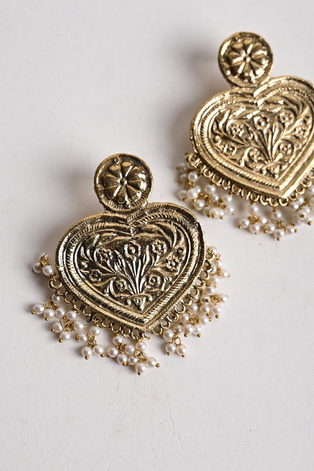 Antique Heart-Shaped Pearl Drop Earrings | Traditional Ethnic Jewelry