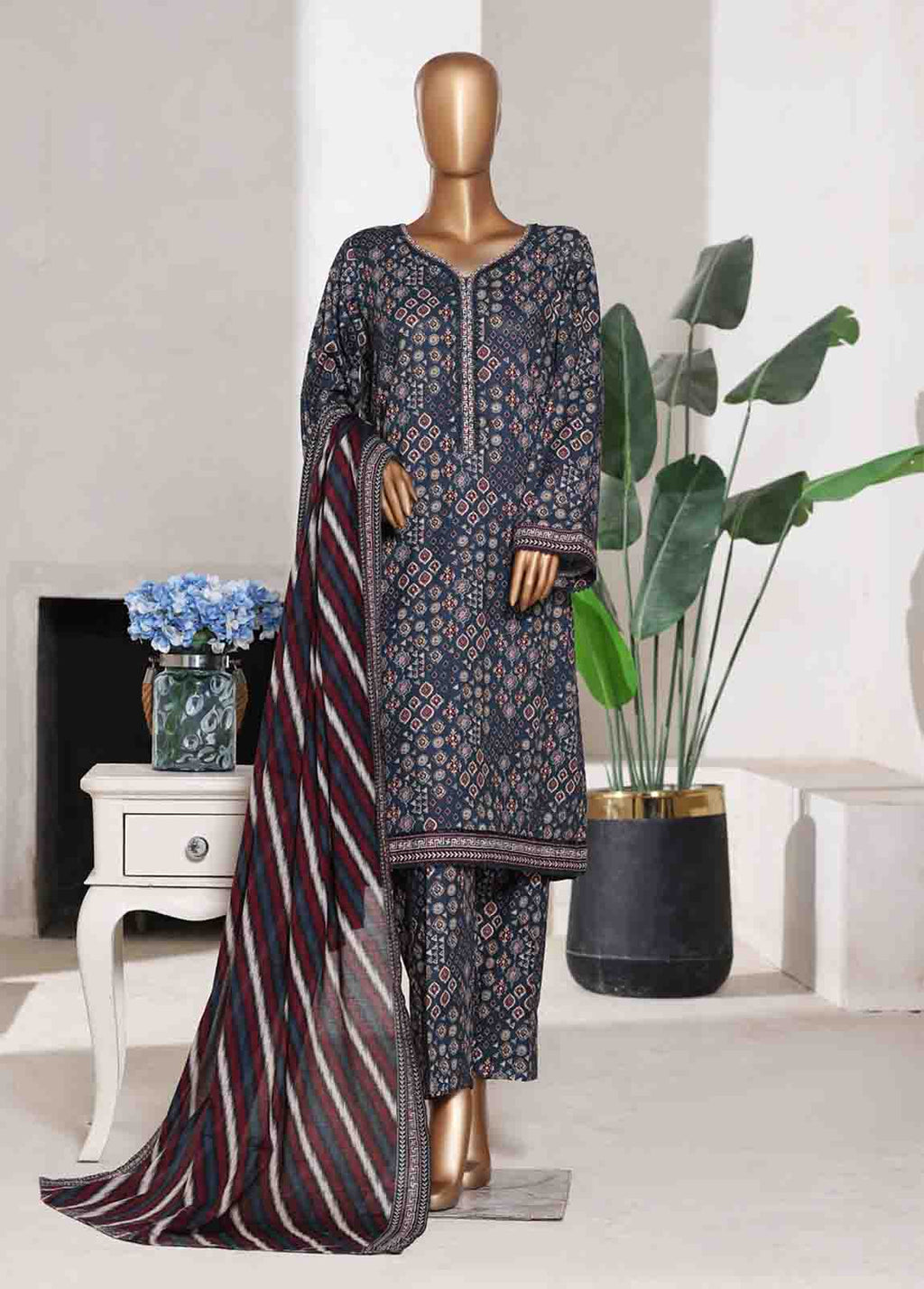 WC-02524- 3 Piece Printed Cotton Stitched Suit