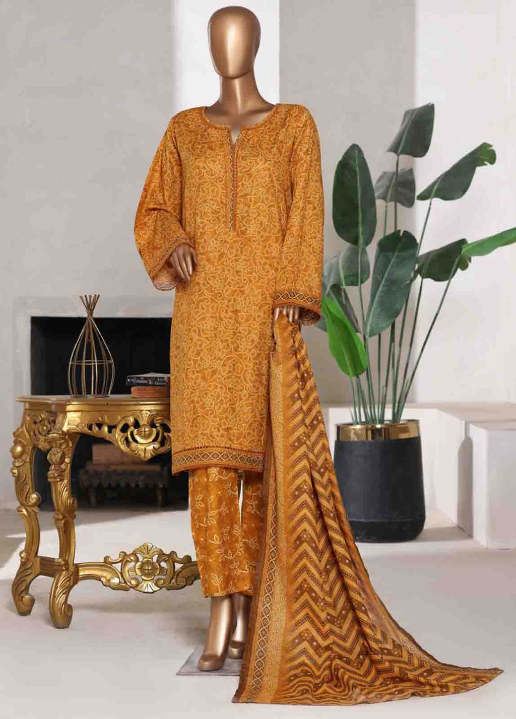 WC-02528- 3 Piece Printed Cotton Stitched Suit