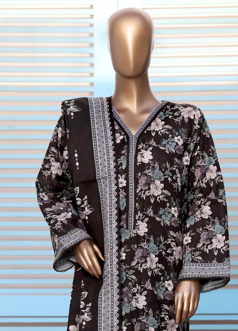 3 Piece Printed Black Khaddar Shirt with Trouser & Dupatta SKU: WK-25146-PR-S