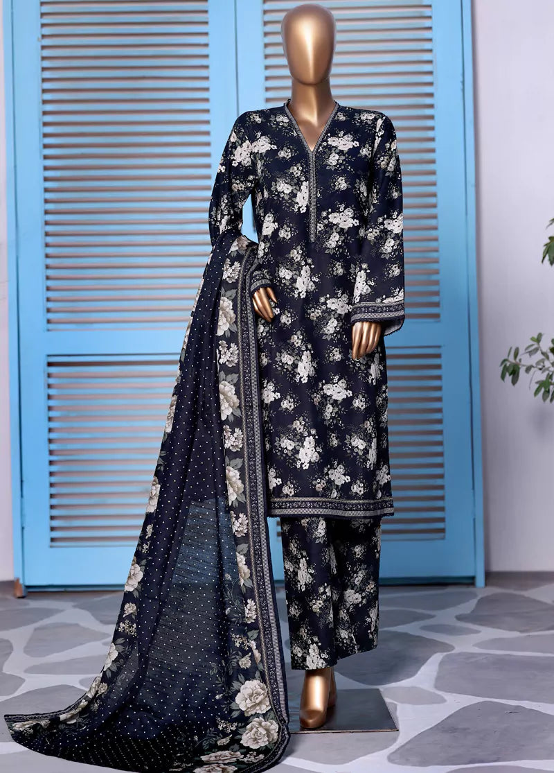 3 Piece Printed Black Khaddar Shirt with Trouser & Dupatta SKU: WK-25120-PR-S