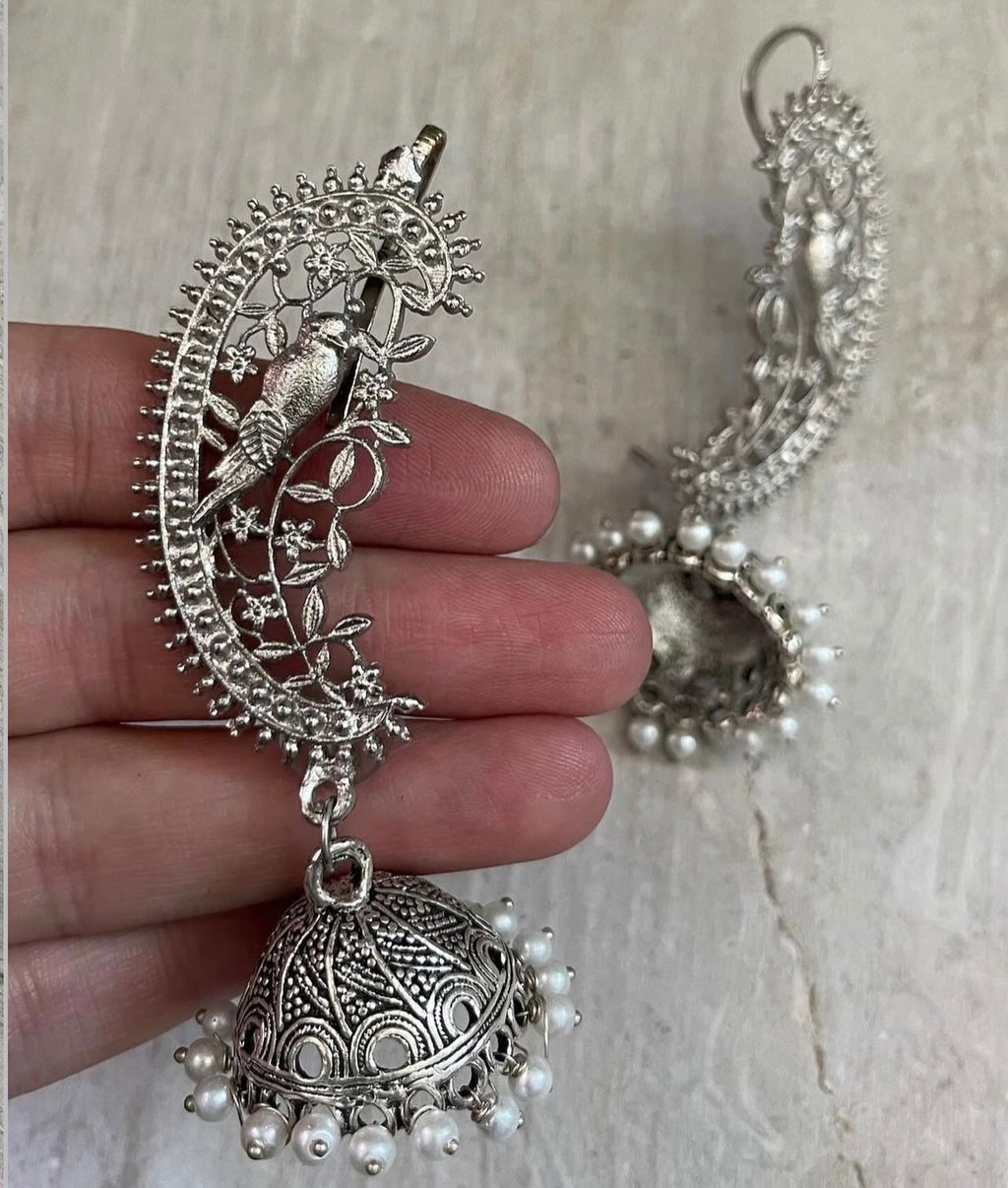 Grand Oxidized Silver Bird Jhumka Earrings with Pearl Drops and Earcuff Chain