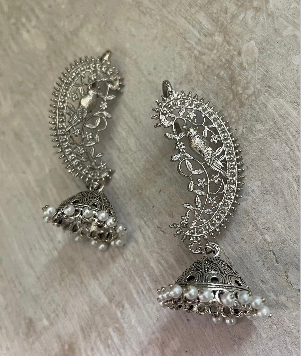 Grand Oxidized Silver Bird Jhumka Earrings with Pearl Drops and Earcuff Chain