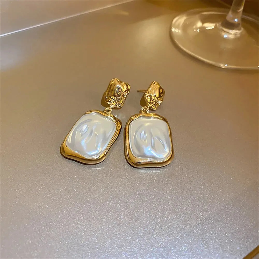 Modern Irregular Gold and Faux Baroque Pearl Drop Earrings